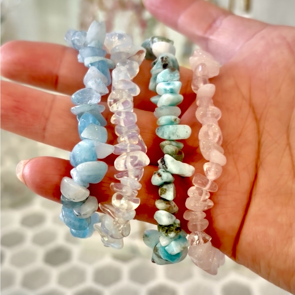 Hq Gemstone/Crystal New 4 Bracelets Set/Opalite/Rose Quartz/Larimar/Aquamarine
